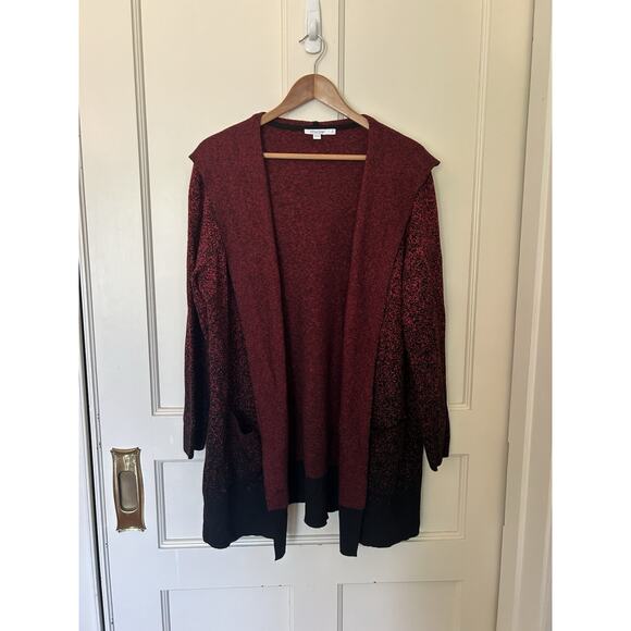 Chico's Speckled Ombre Open Hooded Cardigan Womens Size Large Red Black - Picture 1 of 8